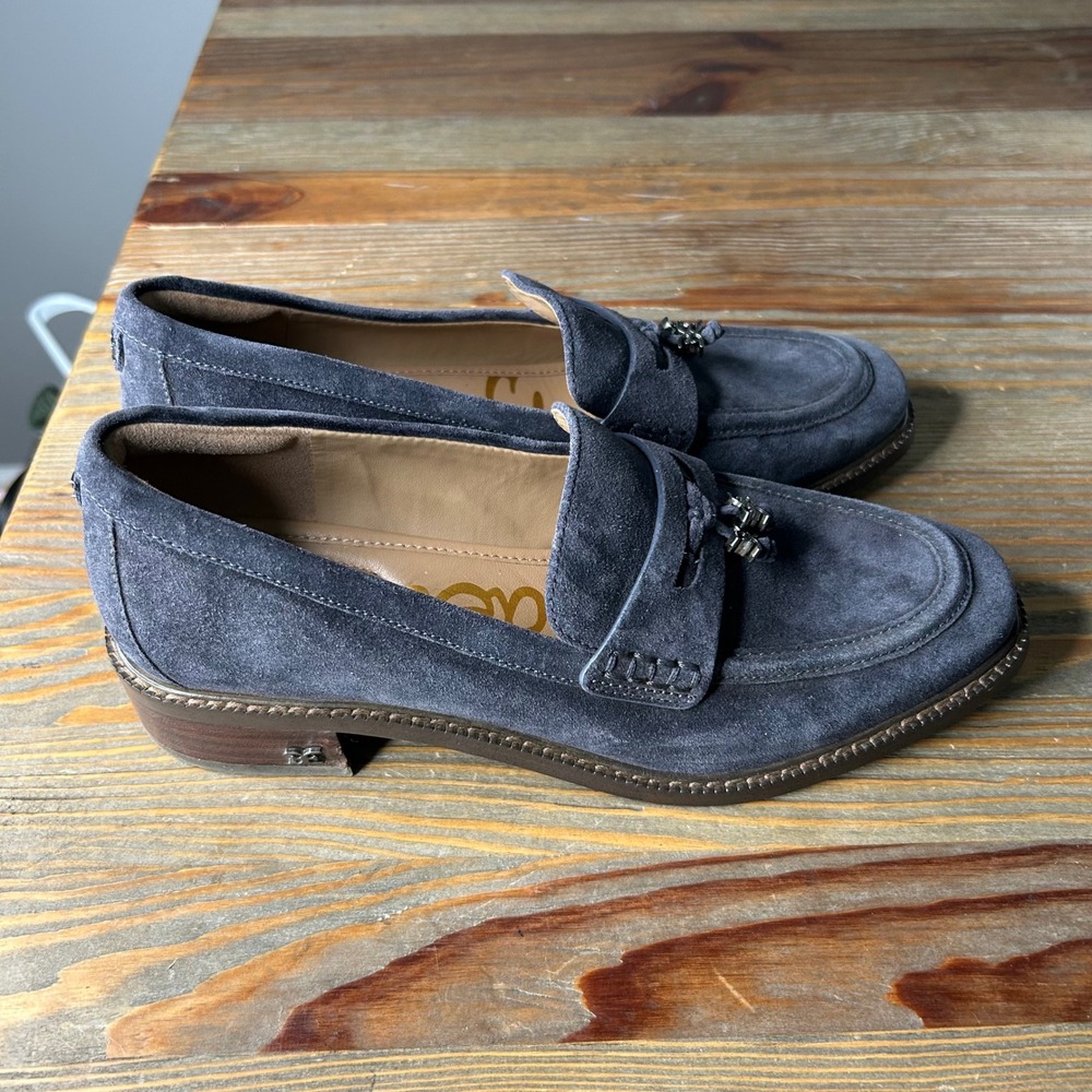 Sam Edelman Denise Slate Blue Suede Penny Loafers Silver SE Logo Shoes 7M EUR 37 - Picture 3 of 10